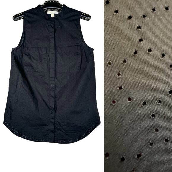 Michael Kors Black Sleeveless Pointelle Button Down Shirt Medium - Picture 1 of 10
